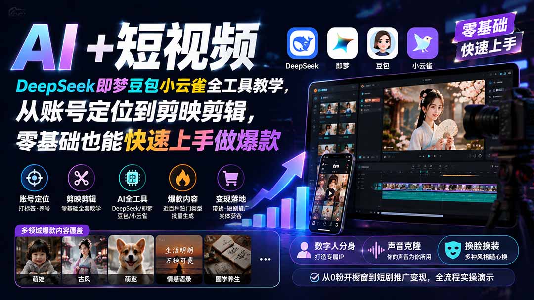 (19759期) AI+短视频|DeepSeek即梦豆包小云雀全工具教学,从账号定位到剪映剪辑,零基础也能快速上手做爆款