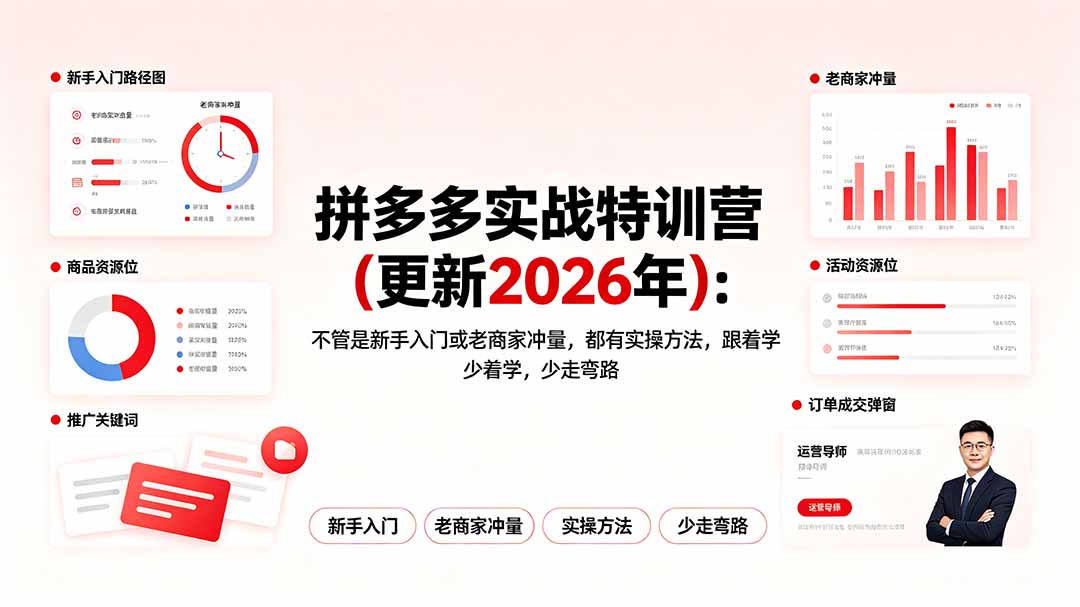(19724期)拼多多实战特训营(更新2026年):不管是新手入门或老商家冲量,都有实操方法,跟着学,少走弯路
