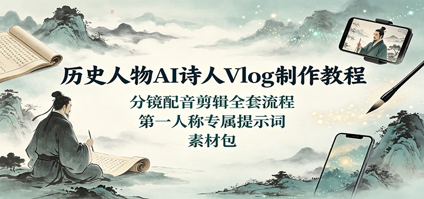 历史人物AI诗人Vlog制作教程:分镜配音剪辑全套流程,第一人称专属提示词素材包