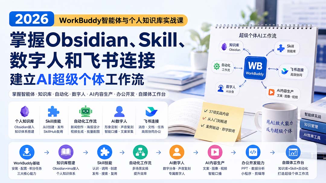 (20169期)2026 WorkBuddy智能体与个人知识库实战课:掌握Obsidian、Skill、数字人和飞书连接,建立AI超级个体工作流