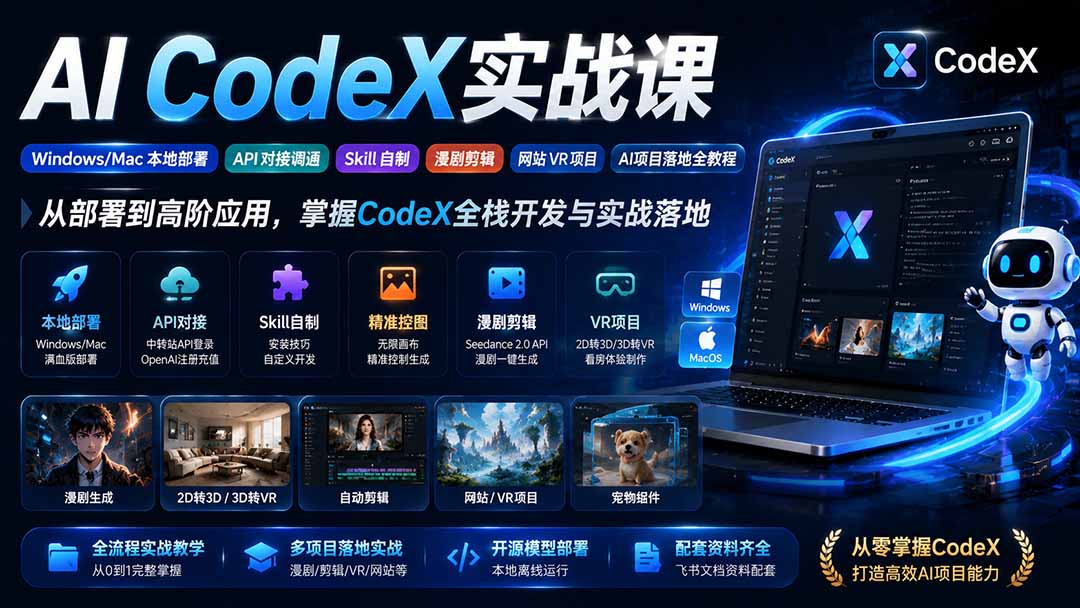 (19769期)AI CodeX实战课|Windows/Mac 本地部署|API 对接调通|Skill 自制|漫剧剪辑|网站 VR 项目|AI项目落地全教程