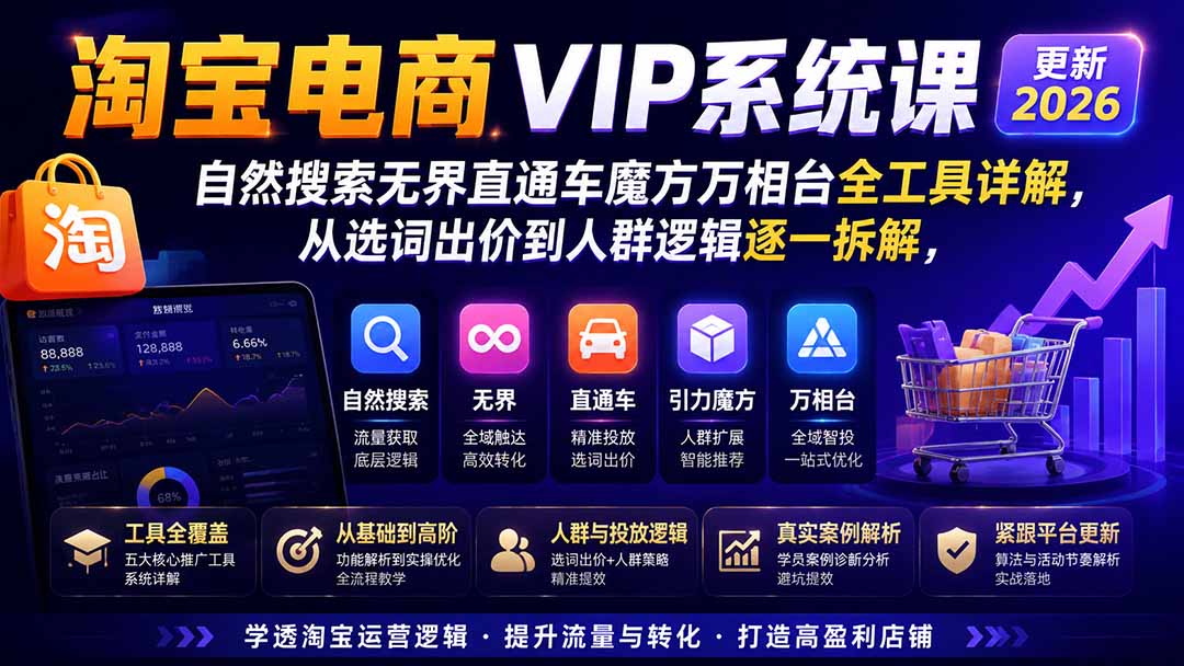 (20094期)2026淘宝电商终局之战VIP课-更新:自然搜索+直通车+无界+精准人群,系统掌握测款动销与全店推广布局方法