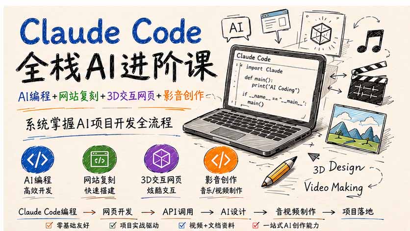 (19735期)Claude Code全栈AI进阶课;AI编程+网站复刻+3D交互网页+影音创作,系统掌握AI项目开发全流程