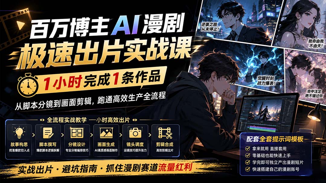 (20173期)百万博主AI漫剧极速出片实战课:1小时产出条作品,从脚本分镜到画面剪辑,跑通高效生产全流程