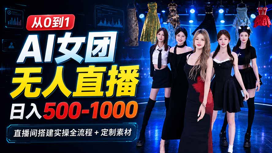 (20051期)AI 女团无人直播,躺入500‑1000每天,直播间搭建实操全流程+定制素材