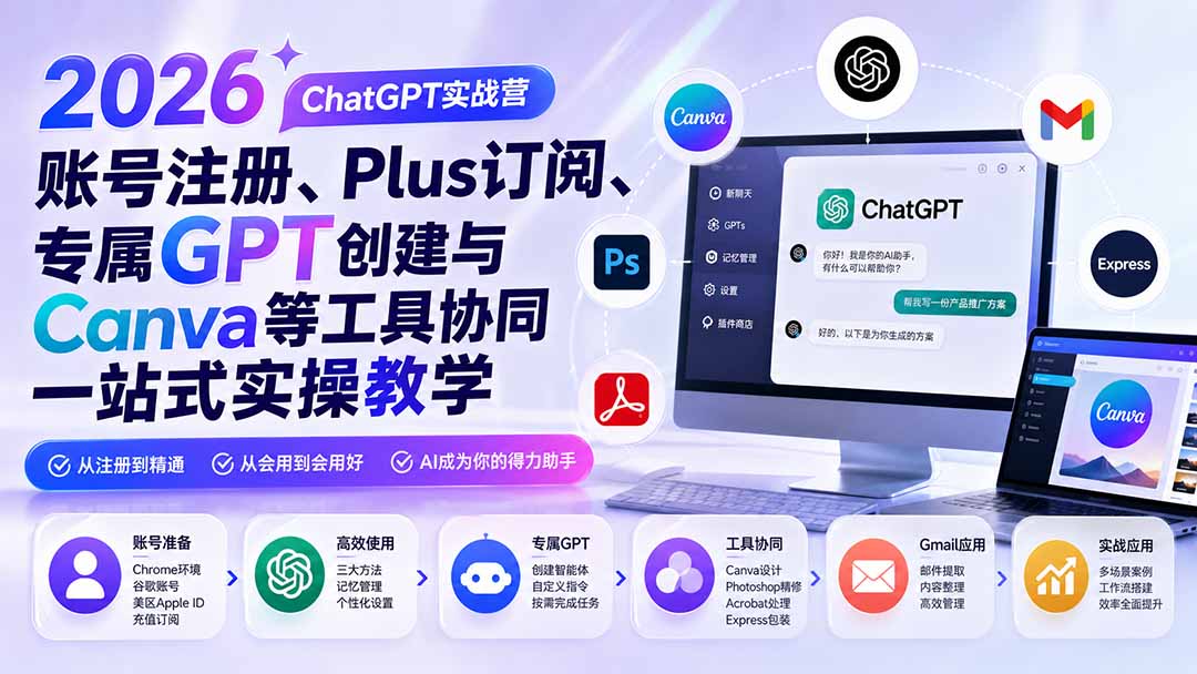 (19924期)2026 ChatGPT实战营;账号注册、Plus订阅、专属GPT创建与Canva等工具协同一站式实操教学