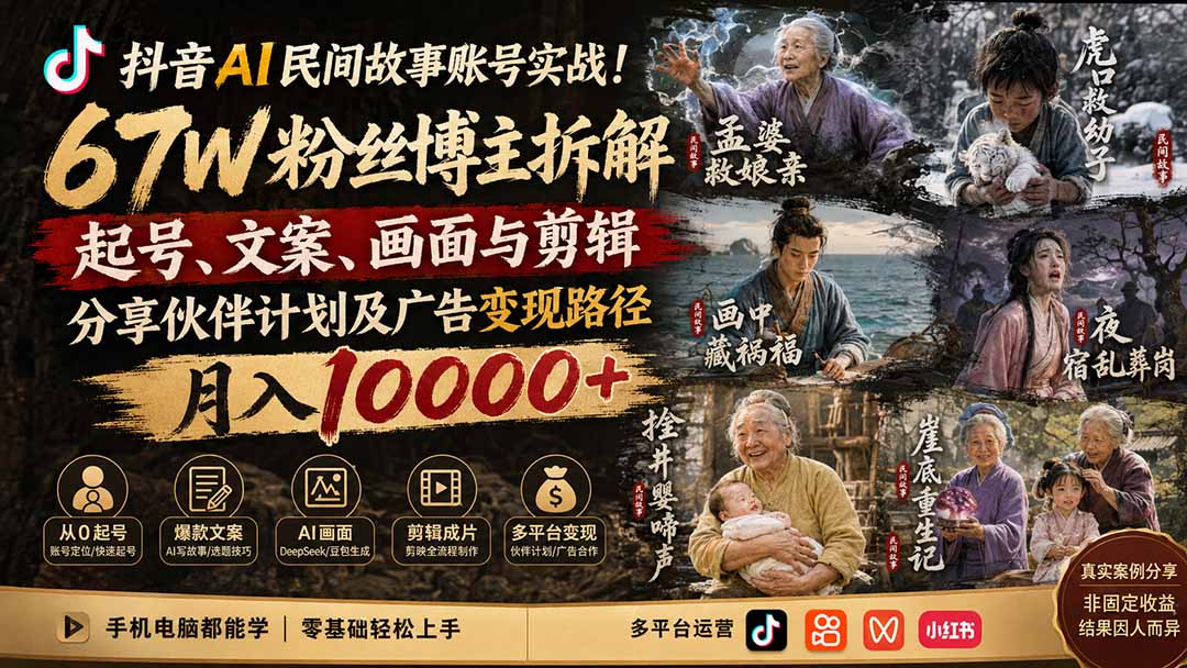 (19738期)抖音AI民间故事账号实战!67W粉丝博主拆解起号、文案、画面与剪辑,分享伙伴计划及广告变现路径,月入10000+