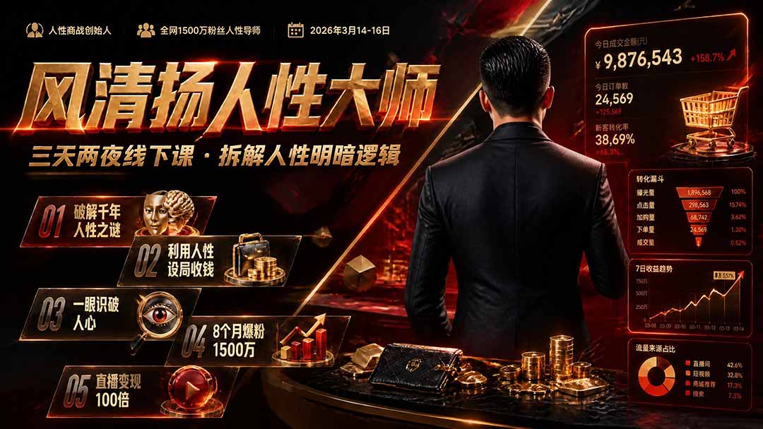 (19676期)风清扬人性大师-三天两夜3月14-16线下课2026年|拆解人性明暗逻辑,识人避坑,千万粉涨粉+直播百倍变现实战教学