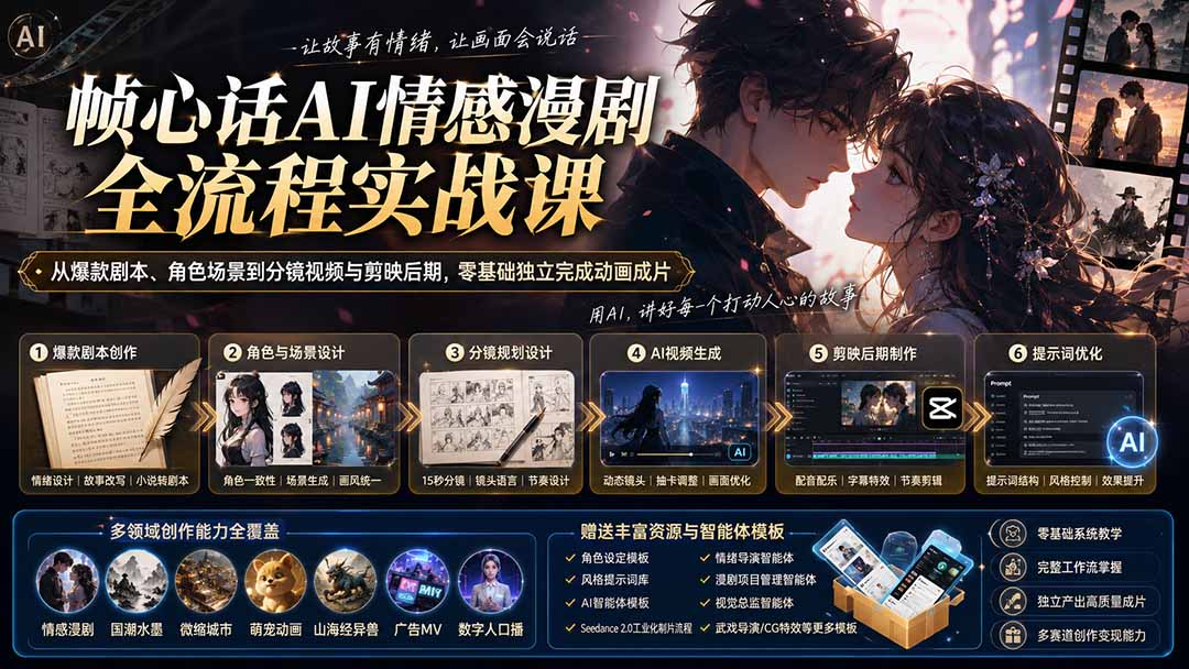 (20036期)帧心话AI情感漫剧全流程实战课:从爆款剧本、角色场景到分镜视频与剪映后期,零基础独立完成动画成片