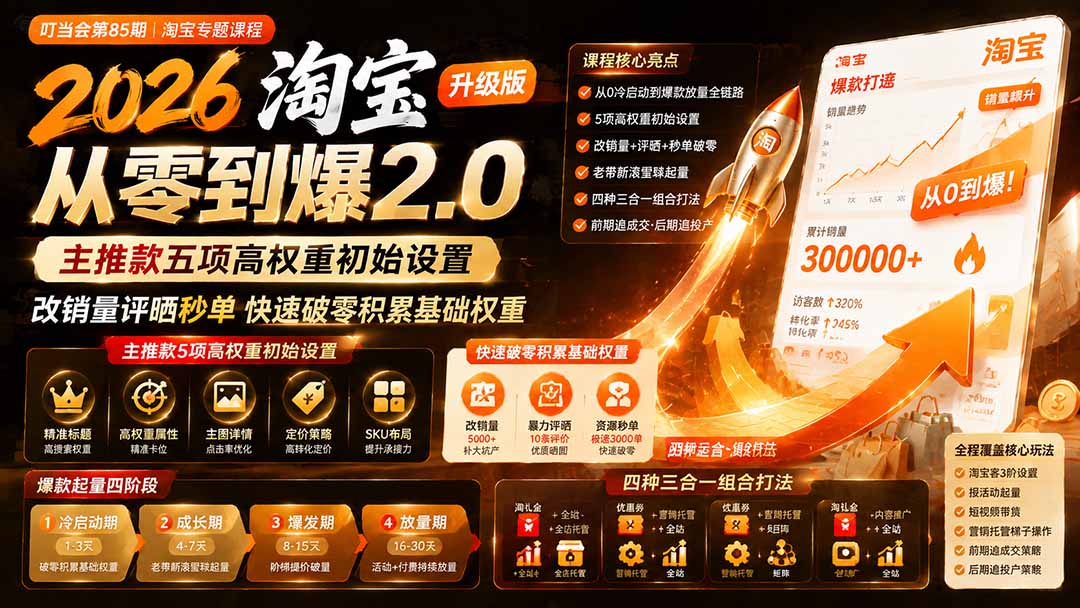(19742期)2026淘宝从零到爆2.0第85期;主推款五项高权重初始设置,改销量评晒秒单快速破零积累基础权重