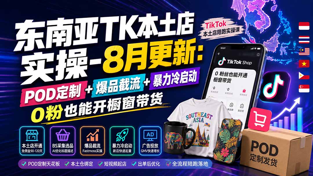(19963期)东南亚TK本土店实操-8月更新:POD定制+爆品截流+暴力冷启动,0粉也能开橱窗带货