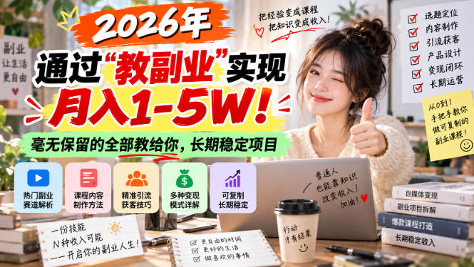 “教副业”实现月入1-5W！长期稳定，毫无保留的全部教给你！