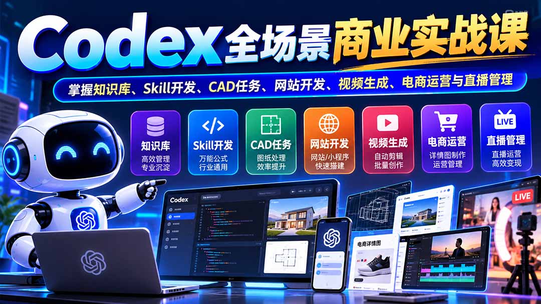 (20712期)【无水印】Codex全场景商业实战课:掌握知识库、Skill开发、CAD任务、网站开发、视频生成、电商运营与直播管理