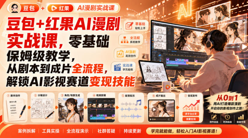 豆包+红果AI漫剧实战课，零基础保姆级教学，从剧本到成片全流程，解锁AI影视赛道变现技能