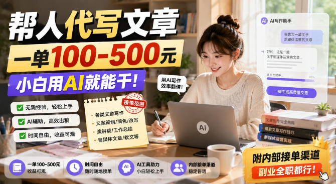 帮人代写文章,一单100-500,小白用AI就能干,附内部接单渠道,副业全职都行