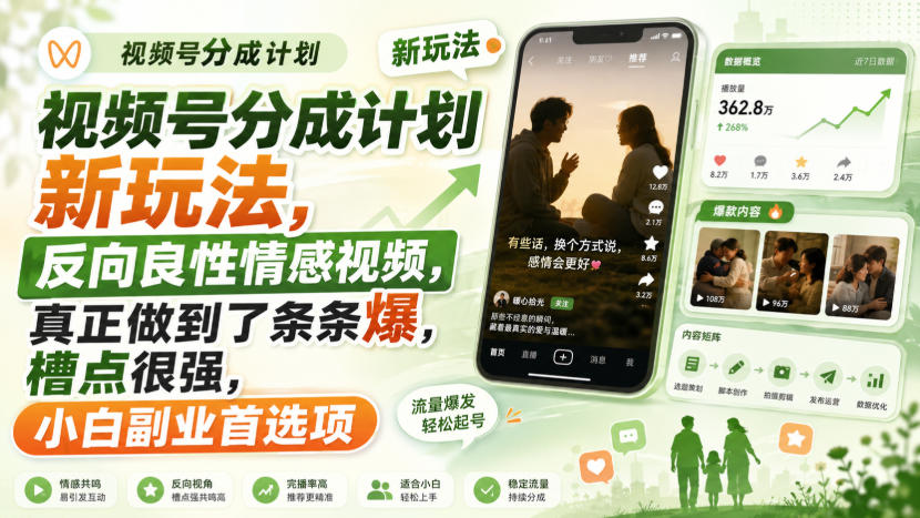 视频号分成计划新玩法,反向良性情感视频,真正做到了条条爆,槽点很强,小白副业首选项