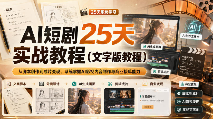 AI短剧25天实战教程(文字版教程),从脚本创作到成片变现,系统掌握AI影视内容制作与商业接单能力