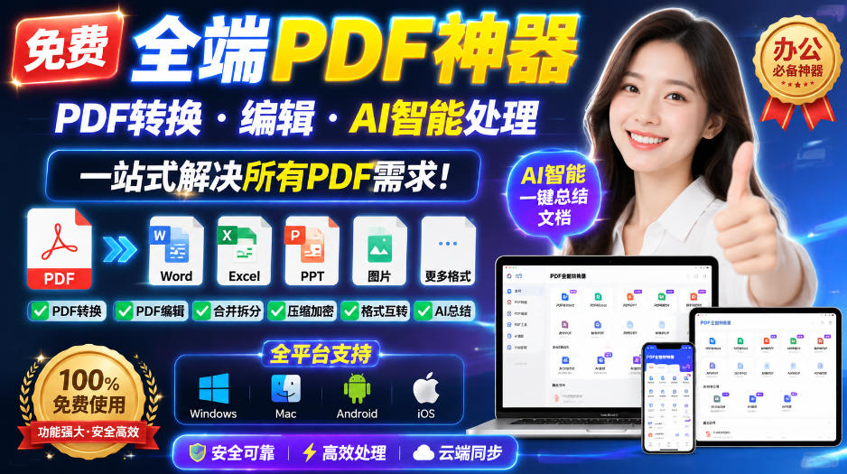 免费全端PDF神器，PDF转换·编辑·AI智能处理，一站式解决所有PDF需求!