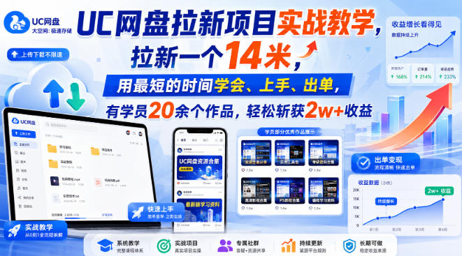 UC网盘拉新项目实战教学,拉新一个14米,用最短的时间学会、上手、出单,有学员20余个作品,轻松斩获2w+收益