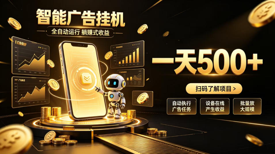 智能广告挂G项目,无需人工值守,全自动躺賺增收,单日收益可达500+