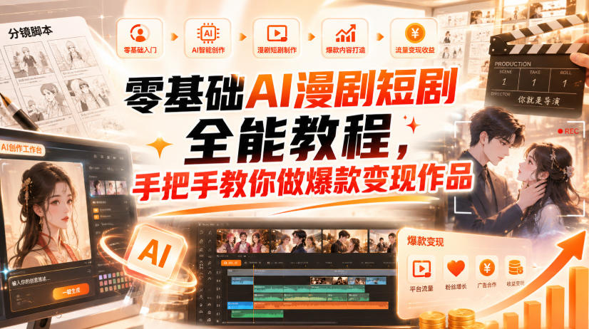 零基础AI漫剧短剧全能教程,从AI智能体搭建、文案脚本分镜、多平台AI生视频、剪映精修,覆盖全题材创作,手把手教你做爆款变现作品