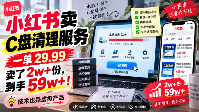 小红书卖C盘清理服务，一单29.99，卖了2w+份，技术也是虚拟产品
