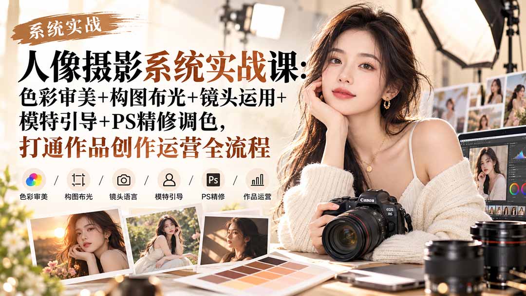 (20623期)【无水印】人像摄影系统实战课:色彩审美+构图布光+镜头运用+模特引导+PS精修调色,打通作品创作运营全流程