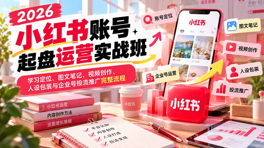 （20646期）2026小红书账号起盘运营实战班：学习定位、图文笔记、视频创作、人设包装与企业号投流推广完整流程