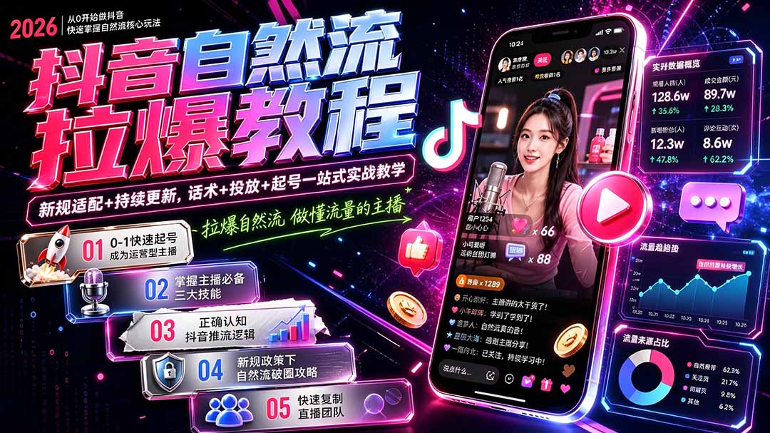 (20226期)抖音自然流拉爆教程-更新8月:做懂流量的主播,新规适配+持续更新,话术+投放+起号一站式实战教学