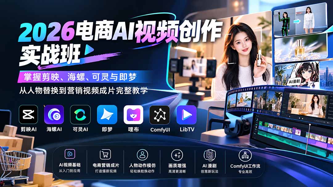 (20466期)2026电商AI视频创作实战班:掌握剪映、海螺、可灵与即梦,从人物替换到营销视频成片完整教学
