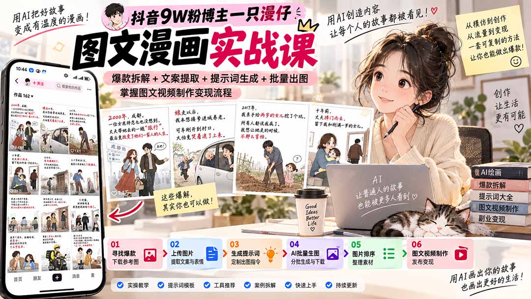 (20584期)抖音9W粉博主一只漫仔图文漫画课:爆款拆解+文案提取+提示词生成+批量出图,掌握图文视频制作变现流程