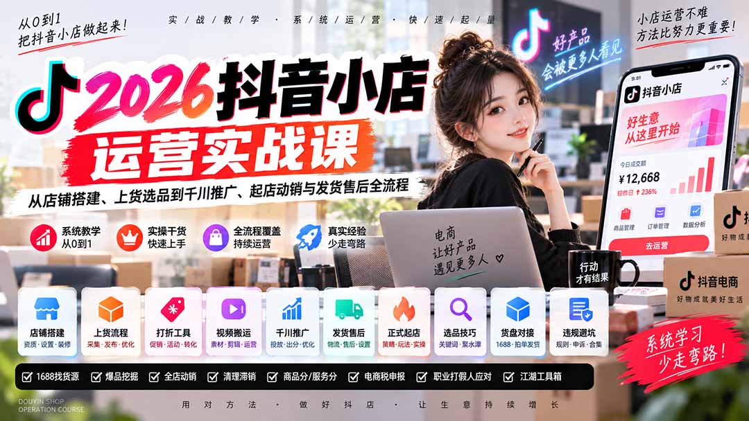 （20568期）2026抖音小店运营实战课｜从店铺搭建、上货选品到千川推广、起店动销与发货售后全流程