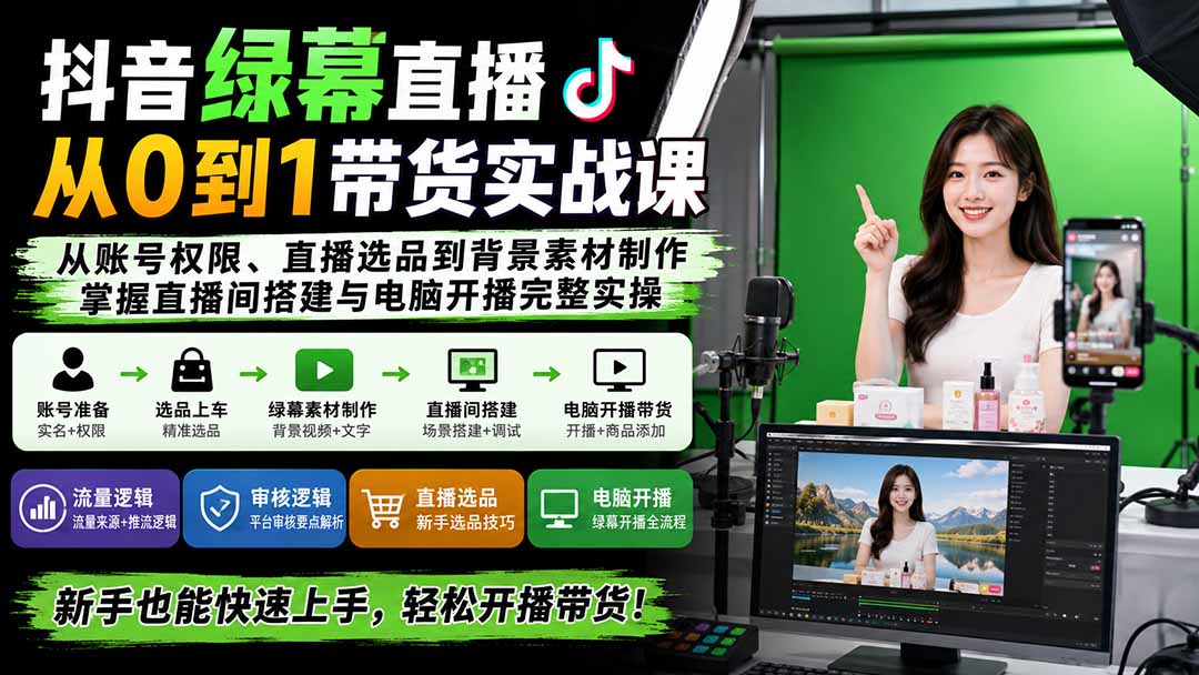 (20224期)抖音绿幕直播从0到1带货实战课:从账号权限、直播选品到背景素材制作,掌握直播间搭建与电脑开播完整实操