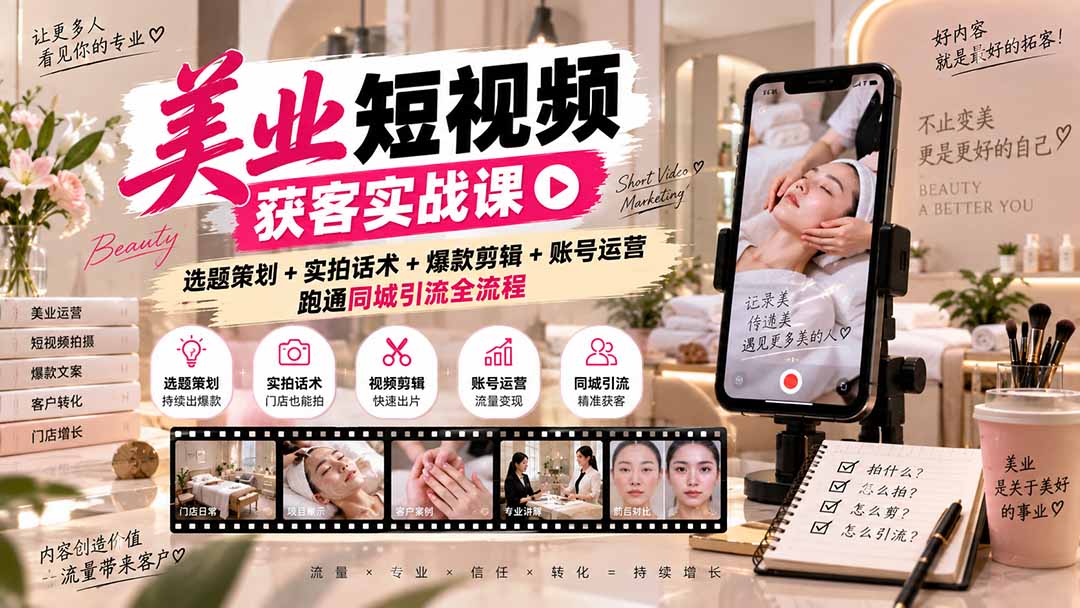 （20586期）美业短视频获客实战课-无水印：选题策划+实拍话术+爆款剪辑+账号运营，跑通同城引流全流程