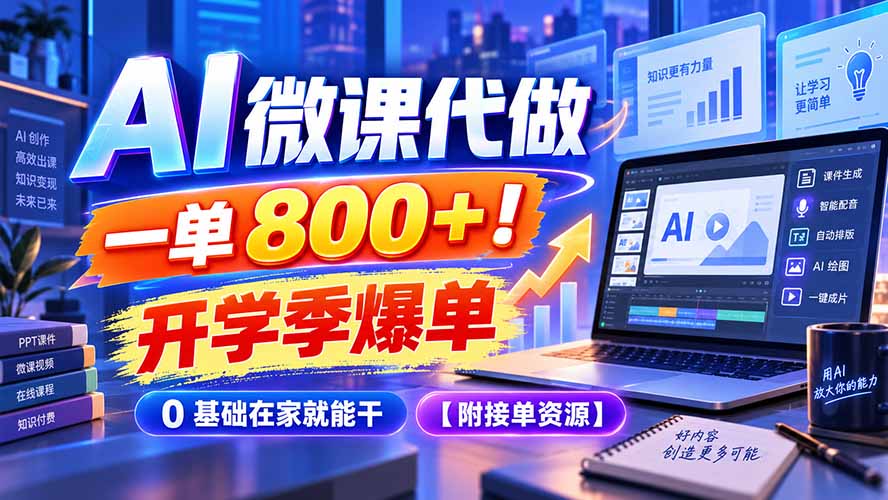 (20605期)AI 微课代做,一单 800+!开学季爆单,0 基础在家就能干【附接单资源】