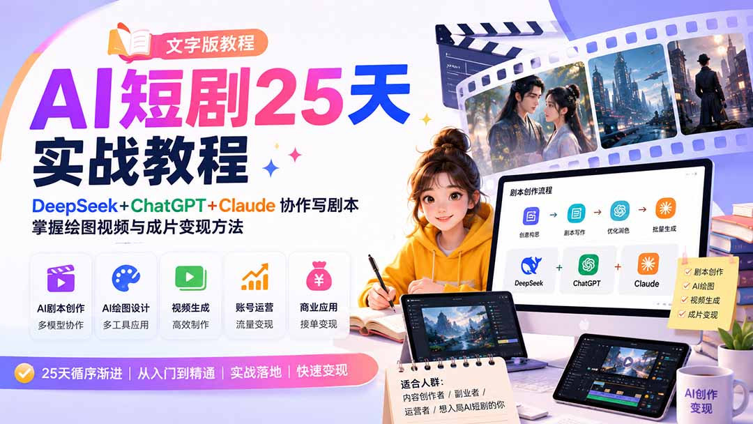 (20225期)AI短剧25天实战教程(文字版教程):DeepSeek+ChatGPT+Claude协作写剧本,掌握绘图视频与成片变现方法