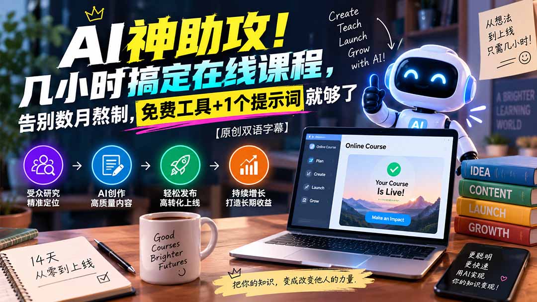 （20528期）AI神助攻！几小时搞定在线课程，告别数月熬制，免费工具+1个提示词就够了【原创双语字幕】