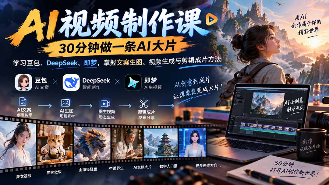 (20380期)AI视频制作课-30分钟做一条AI大片:学习豆包、DeepSeek、即梦,掌握文案生图、视频生成与剪辑成片方法