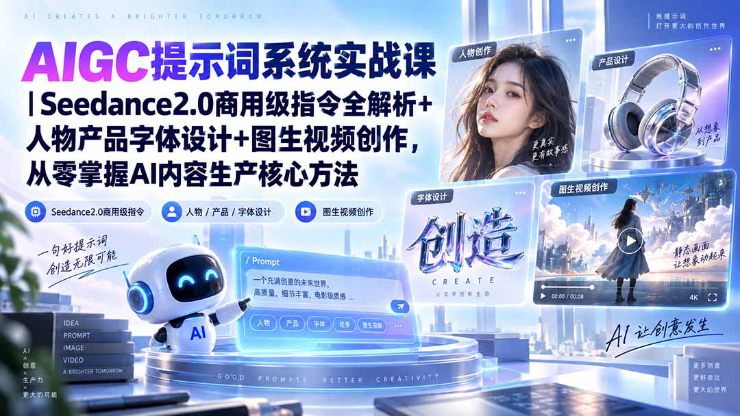 （20559期）AIGC提示词系统实战课-无水印｜Seedance2.0商用级指令全解析+人物产品字体设计+图生视频创作，掌握AI内容生产方法