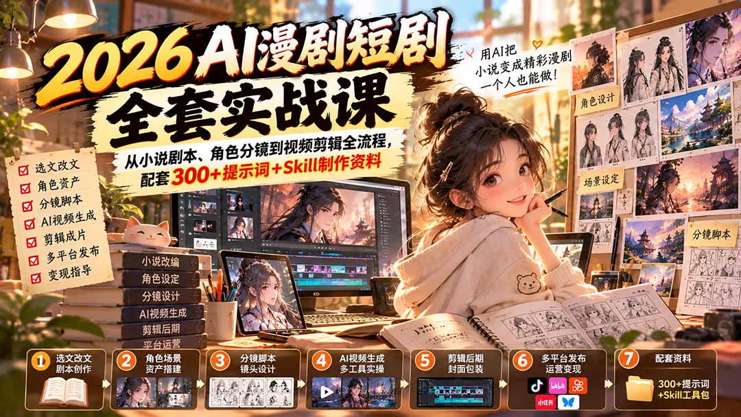 （20629期）2026AI漫剧短剧全套实战课：从小说剧本、角色分镜到视频剪辑全流程，配套300+提示词+Skill制作资料