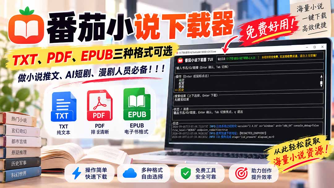 （20529期）番茄小说下载器，TXT、PDF、EPUB三种格式可选，做小说推文、AI短剧、漫剧人员必备！