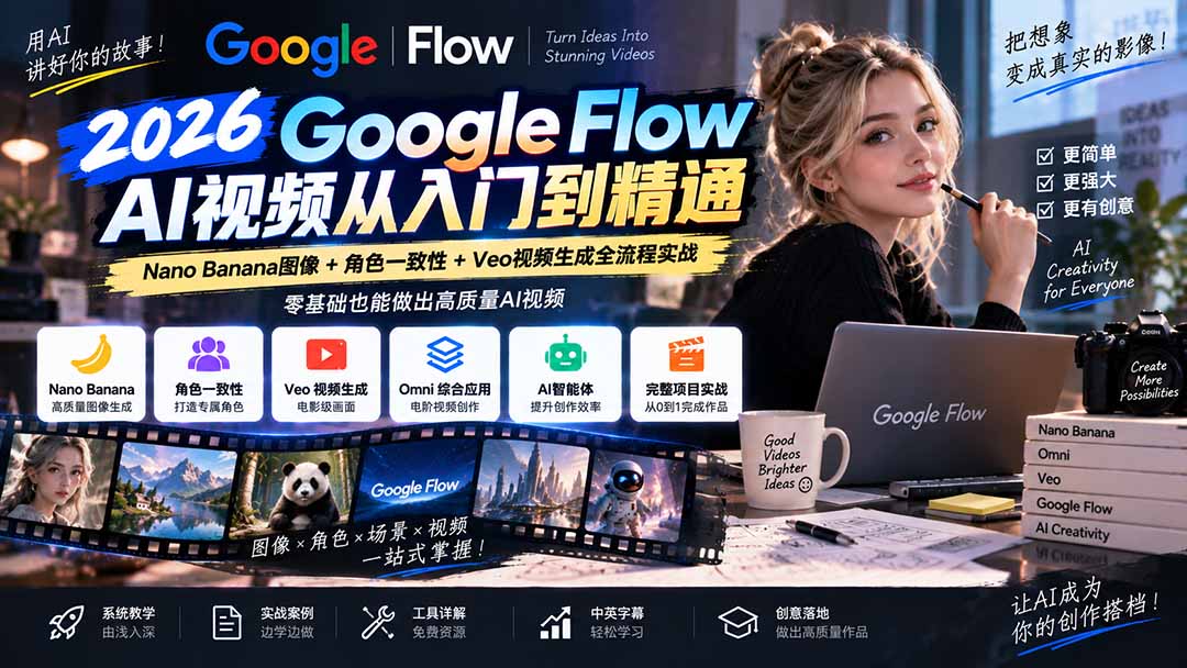 (20608期)【无水印】Google Flow AI视频从入门到精通:Nano Banana图像+角色一致性+Veo视频生成全流程实战-精翻中英字幕
