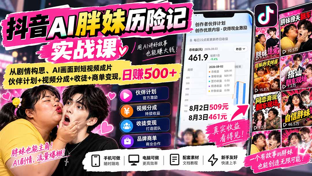 (20489期)抖音AI胖妹历险记实战课:从剧情构思、AI画面到短视频成片,伙伴计划+视频分成+收徒+商单变现,日赚500+