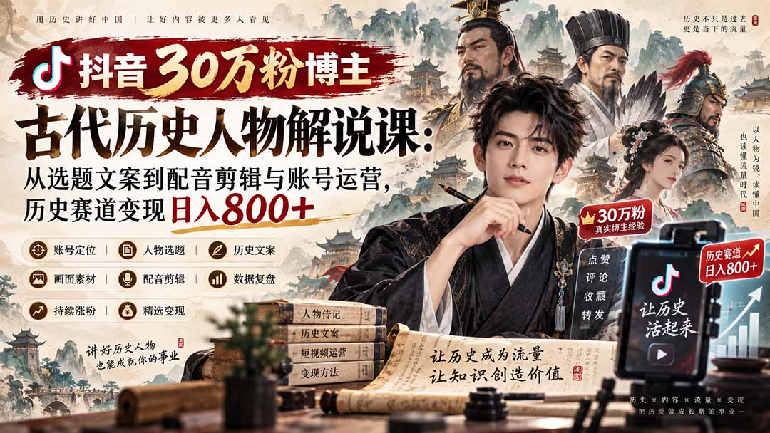 (20441期)抖音30万粉博主古代历史人物解说课:从选题文案到配音剪辑与账号运营,历史赛道变现日入800+