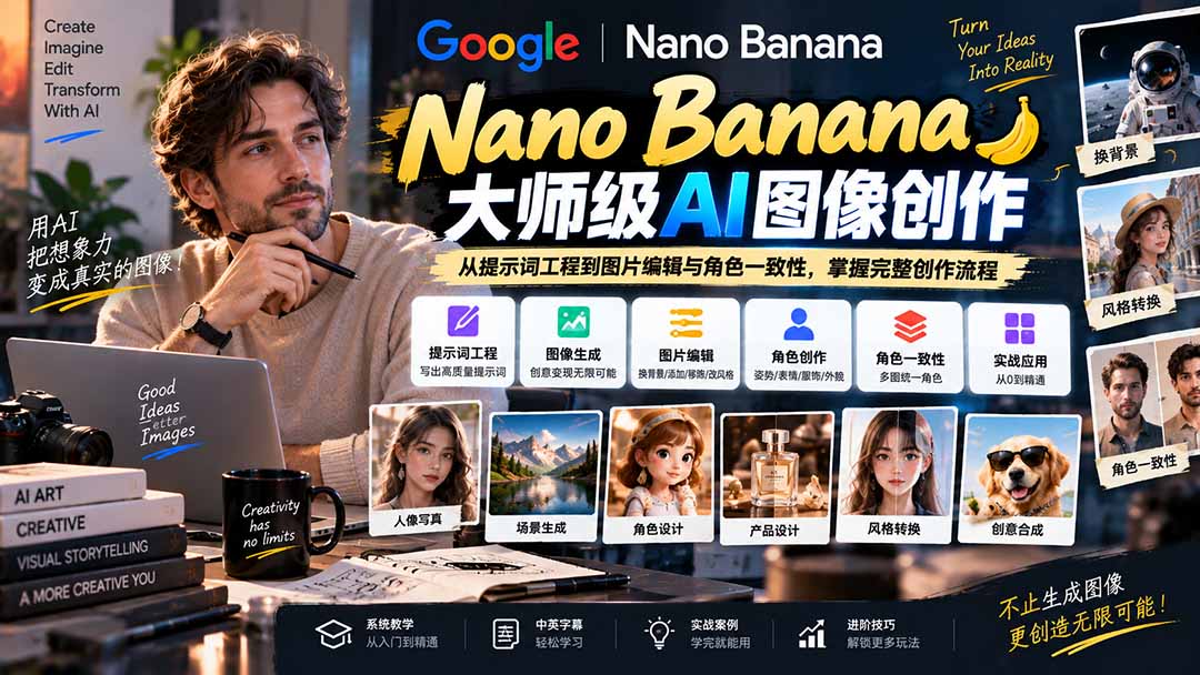 (20609期)【无水印】Nano Banana大师级AI图像实战课:从提示词工程到图片编辑与角色一致性,掌握完整创作流程