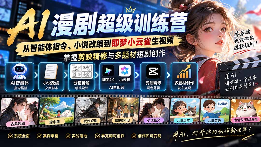 (20491期)AI漫剧超级特训营:从智能体指令、小说改编到即梦小云雀生视频,掌握剪映精修与多题材短剧创作