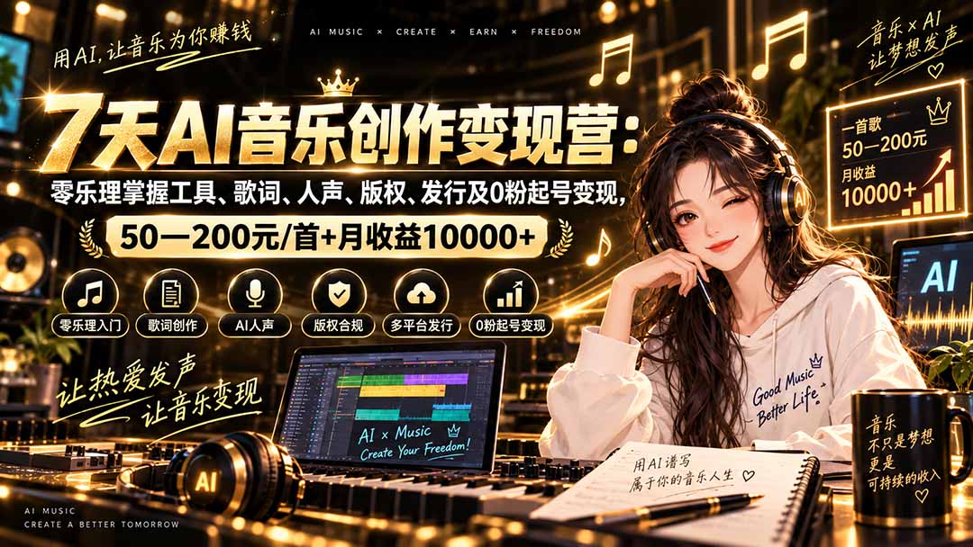 （20442期）AI音乐创作变现营：零乐理掌握工具、歌词、人声、版权、发行及0粉起号变现，50—200元/首+月收益10000+