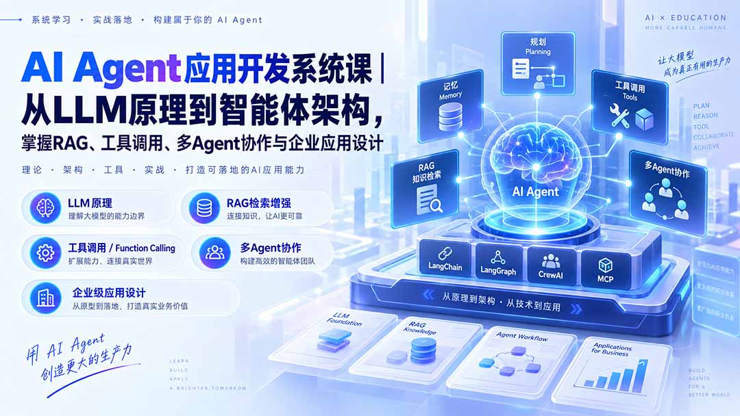 (20564期)AI Agent应用开发系统课-179节|从LLM原理到智能体架构,掌握RAG、工具调用、多Agent协作与企业应用设计
