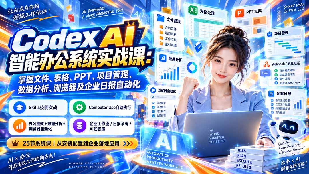 (20446期)Codex AI智能办公系统实战课:掌握文件、表格、PPT、项目管理、数据分析、浏览器及企业日报自动化