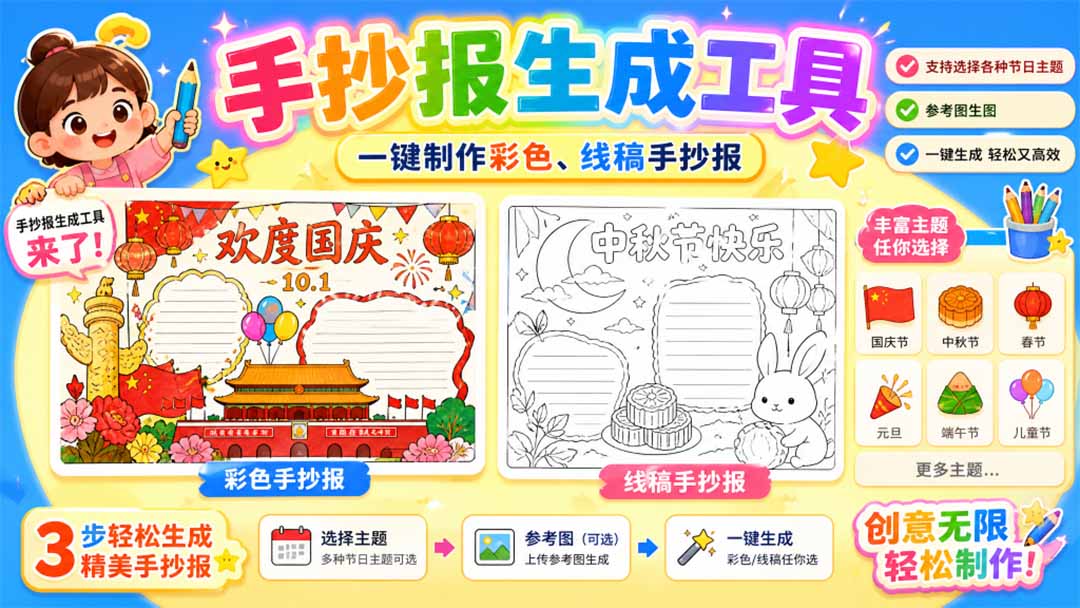 (20265期)手抄报批量生成工具来了,完全免费,告别豆包生图,这个高清无水印